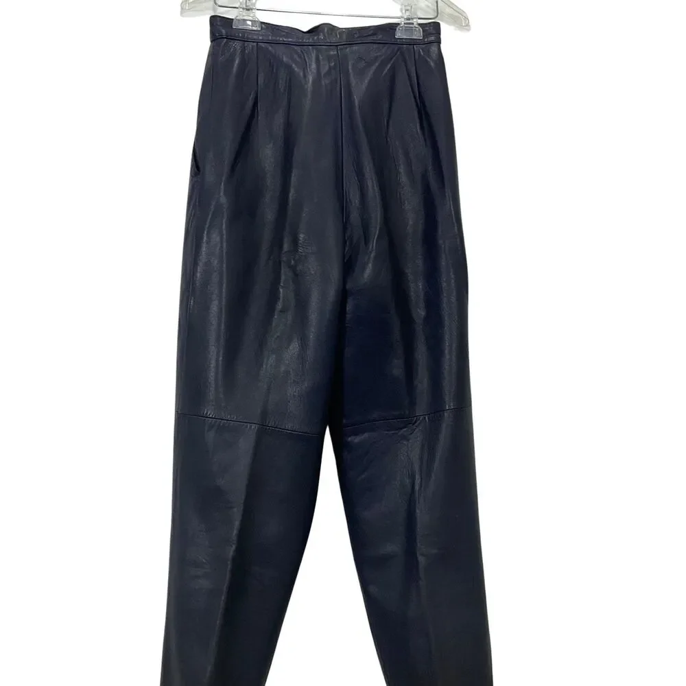 Vintage Blue Leather Pants Womens Pleated Front Side Pockets Cuffed Hem Sz Small